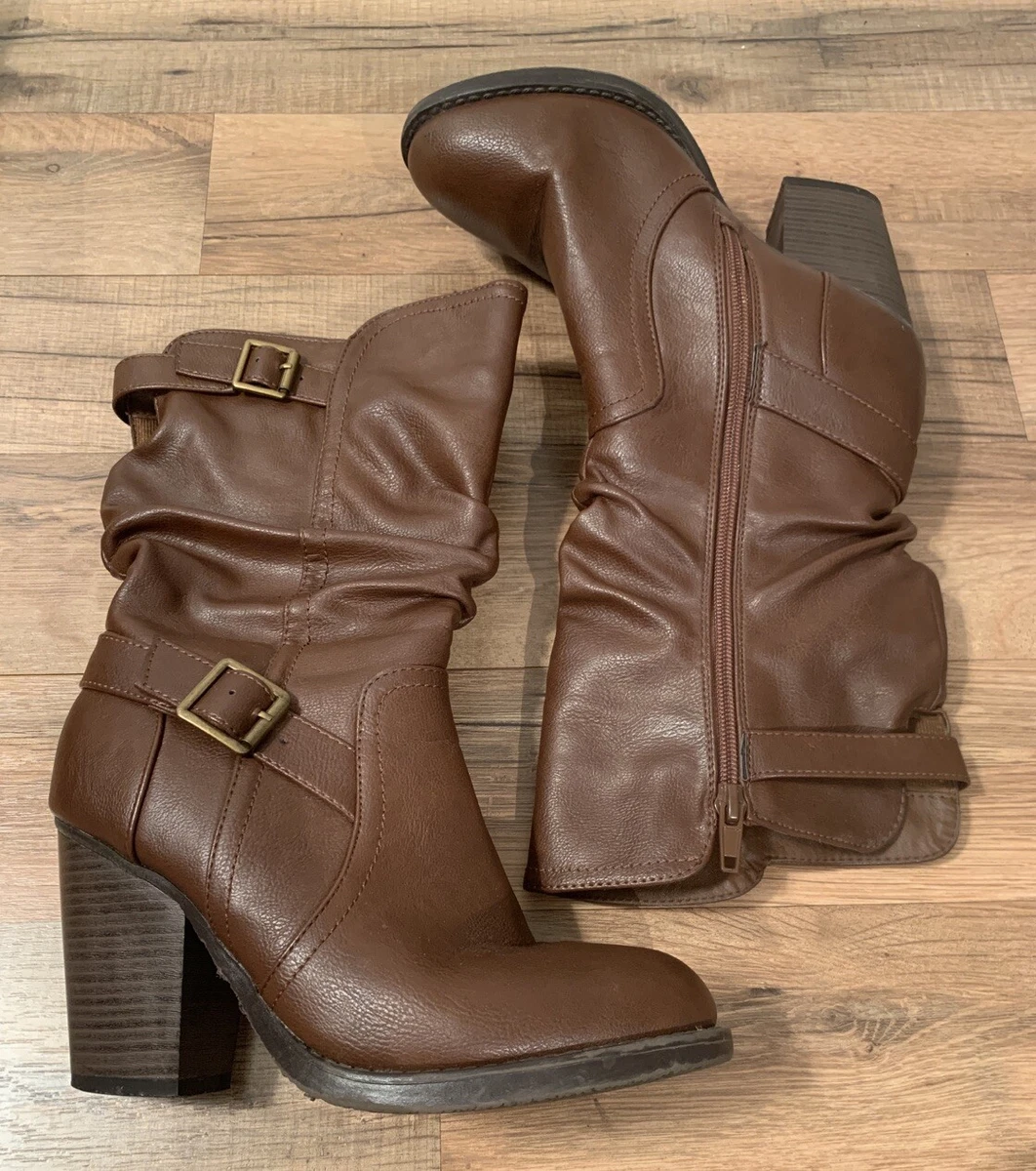 Women's Rue 21 ETC Brown Mid Calf Boots Size Small 6/7 3in Heel Zipper  Buckle