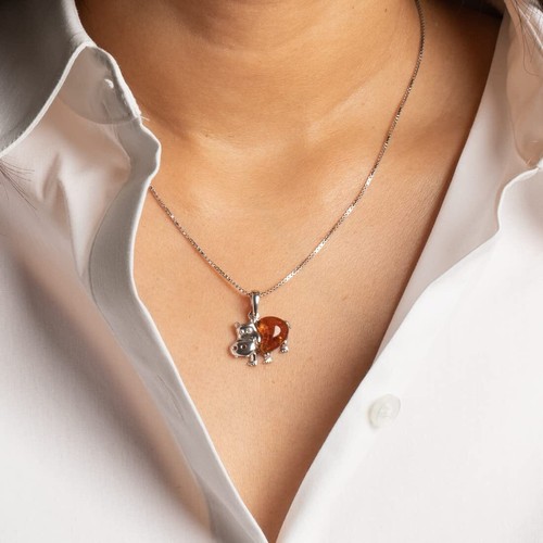 Baltic Amber Hippo Animal Pendant Necklace Sterling Silver - Picture 2 of 5