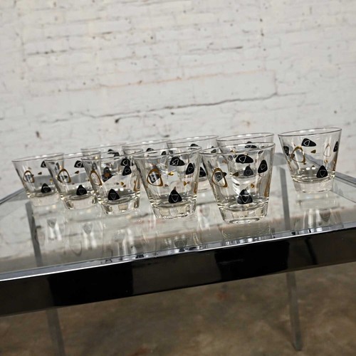 1950’s MCM Federal Glass Fantasy Black & 22 Karat Gold Manhattan Glasses Set 10 - Bild 10 von 18