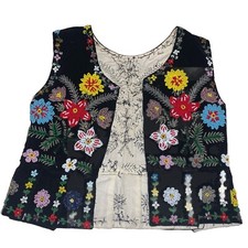 Vintage Women  s Beaded Flowers Floral Vest XS Black Handmade Early Pre 1940s