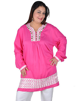 Beautiful oriental women's tunic blouse with embroidery in pink-ft0049