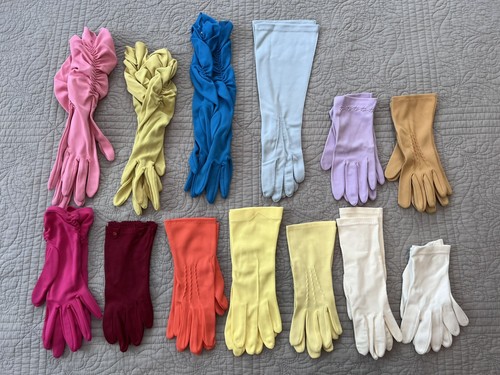 Vtg Womens Glove Lot of 13 Pink Yellow Blue Green White Tan Purple 1 Van Raalte
