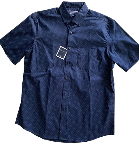 New Club Room Navy Blue Micro Dot Stretch Cotton Short-Sleeve Button Shirt M - 第 3/13 張圖片
