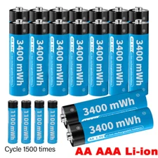 1.5V AA AAA Li-ion Lithium ion Rechargeable Batteries 1100 / 3400mwh + Case Lot