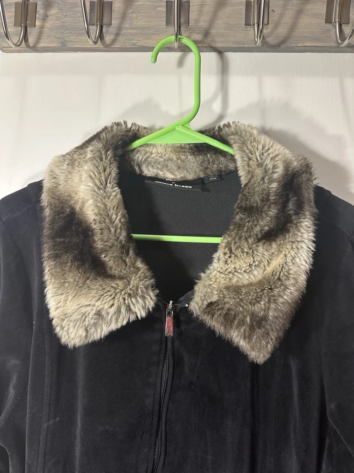 Dennis Basso 女式黑色羊毛长袍带棕褐色人造毛皮领全拉链 L 码 — 第 3/4 张图片