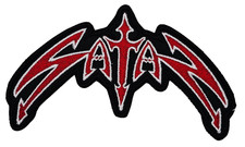 SATAN RED AND WHITE LOGO shaped border EMBROIDERED PATCH