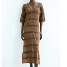  Zara Macrame Knit Kaftan Midi / Maxi Dress Cover-Up Cream Size Medium - Large