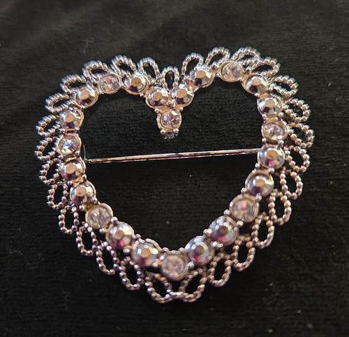 Silver Tone Heart Love Brooch Pin, Metal, Clear Round Rhinestone Cluster, 2 in