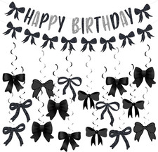 30PCS Black Bow Hanging Swirls Happy Birthday Black Bowknot Party Decorations Bo