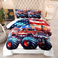Red Blue Monster Truck Comforter Set for Kids Teens, Queen Size Retro Graffit...