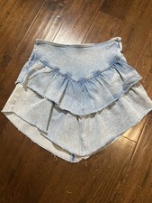 Mother The Ruffle Mini Raw Edge Jean Skirt size 32 10-12 light blue stretch