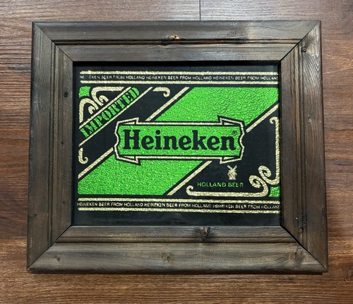 Vintage Heineken Foil Beer Sign/ Wood Frame Bar Decor/ Man Cave 13.5 “x 11.5”