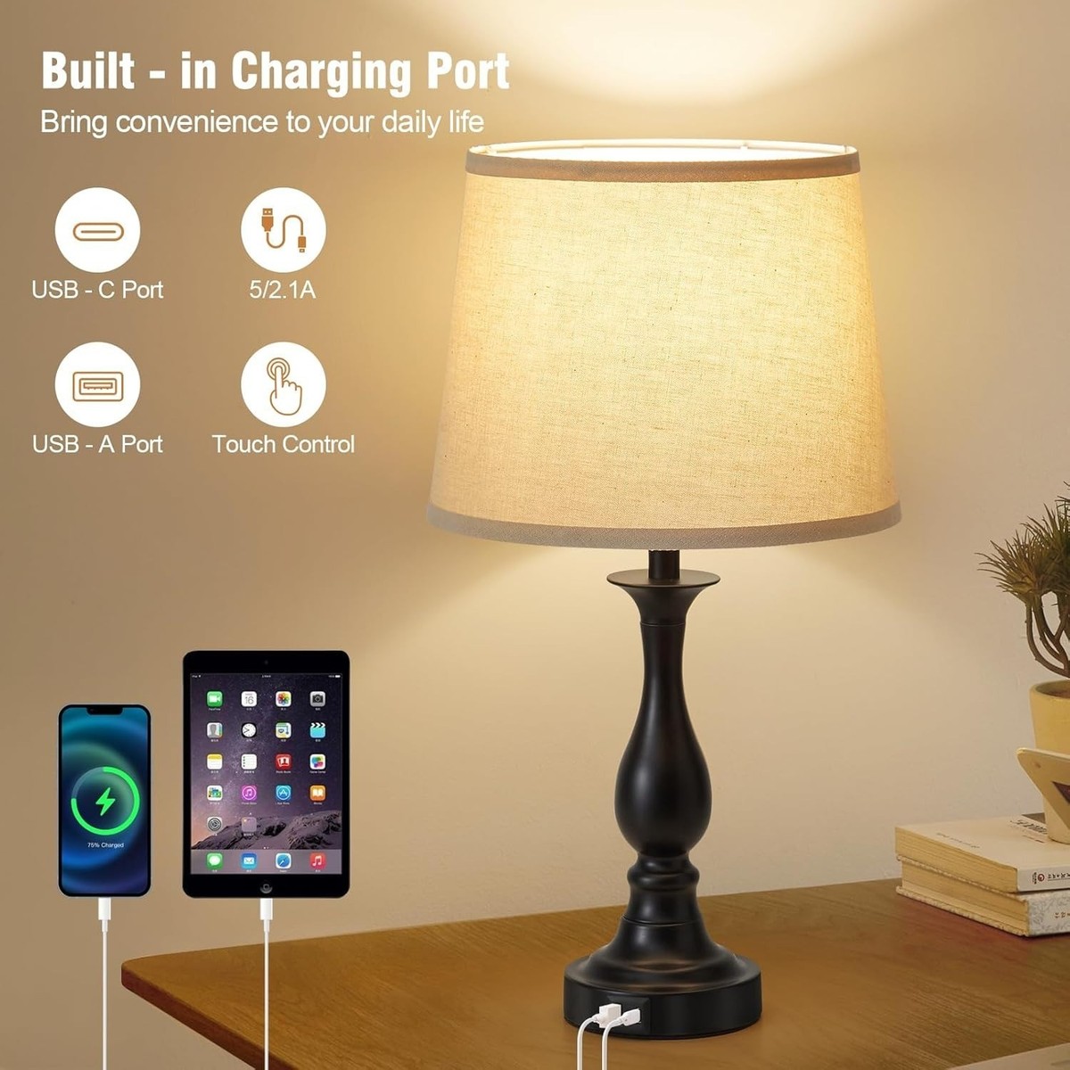 Dungoo Farmhouse Table Lamp Set Of 2 – 26-Inch Resin Base With Beige Linen Shade, Dual USB Ports, E26 Socket – For Bedroom, Living Room, Office