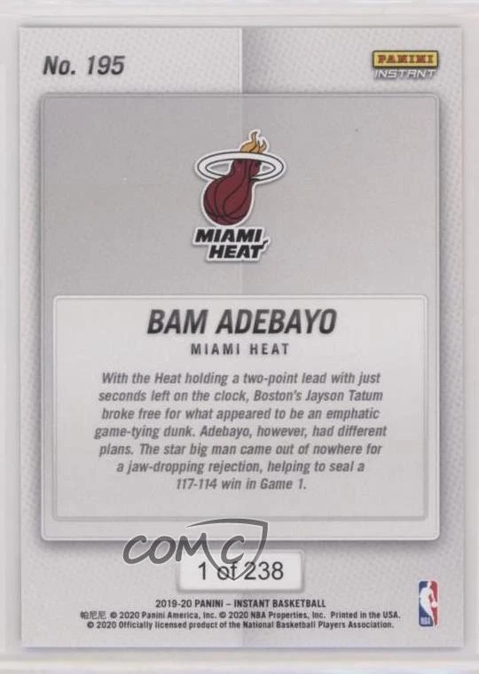 2019-20 Panini Instant NBA Playoffs /238 Bam Adebayo #195 - Image 2 of 2