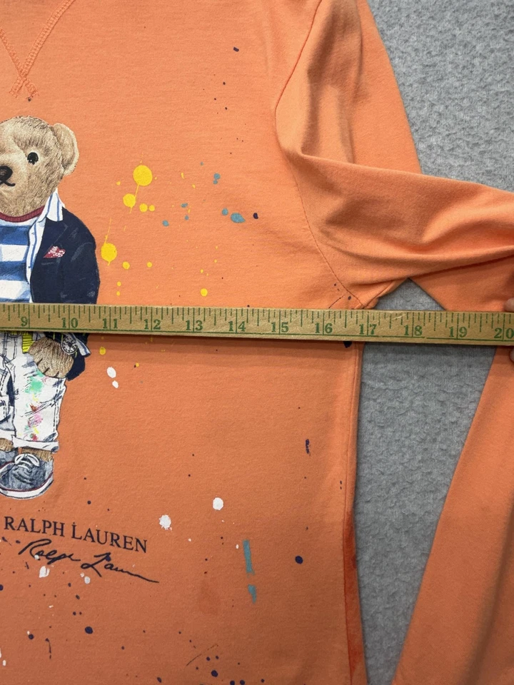 Ralph Lauren Hooded Shirt Boys L 14-16 S Adult Fit Orange Polo Bear Paint Splat - Image 4 of 4