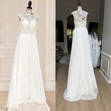 Lace Chiffon A-Line Wedding Dresses Sleeveless Illusion Neck Long Bridal Gowns