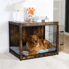 Industrial Wooden Dog Crate Cage End Table Dog Kennel & Double Door / Lock /Tray