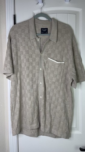 Abercrombie Fitch Knit Checker Textured Polo Men’s XL Tan Button Up Preppy Coast