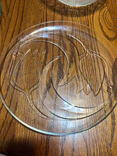 Clear Pressed Glass Etched Pattern Round Plate Dish, Decorative Design