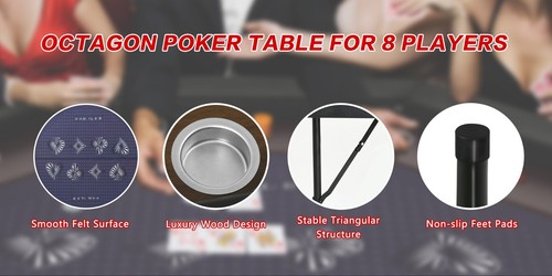 Poker Table 8 Player Texas Holdem Game Folding Casino Legs Cup Holders Octagon - Picture 11 of 13