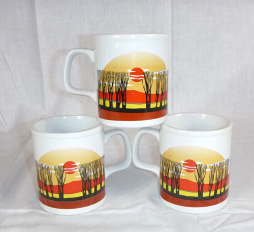 Juego de 3 tazas de café de colección años 70 árboles geniales puesta de sol hechas en Japón - Imagen 7 de 10