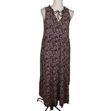 Max Studio brown navy blue   Floral Tie Neck Sleeveless Maxi Dress Size m