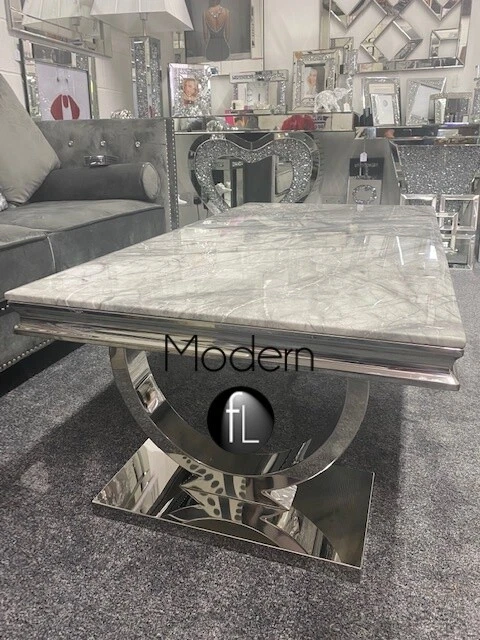 Ariana Grey marble coffee Table with Grey Marble Top and chrome circle leg