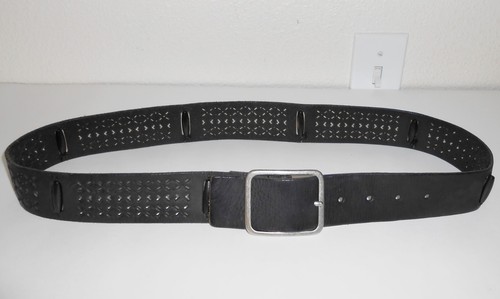 Gürtel Schnalle D schwarz perforiertes Leder & Perlen Größe L Large - Silber massiv Messing - Bild 2 von 4