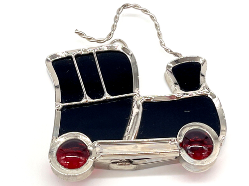 Christmas Artisan Handmade Stained Glass Black Train Red Wheel Metal Ornament - Picture 6 of 6