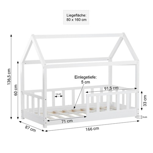 Kinderbett mit Matratze Hausbett 80x160 cm Rausfallschutz Bodenbett Homestyle4u - Bild 3 von 11