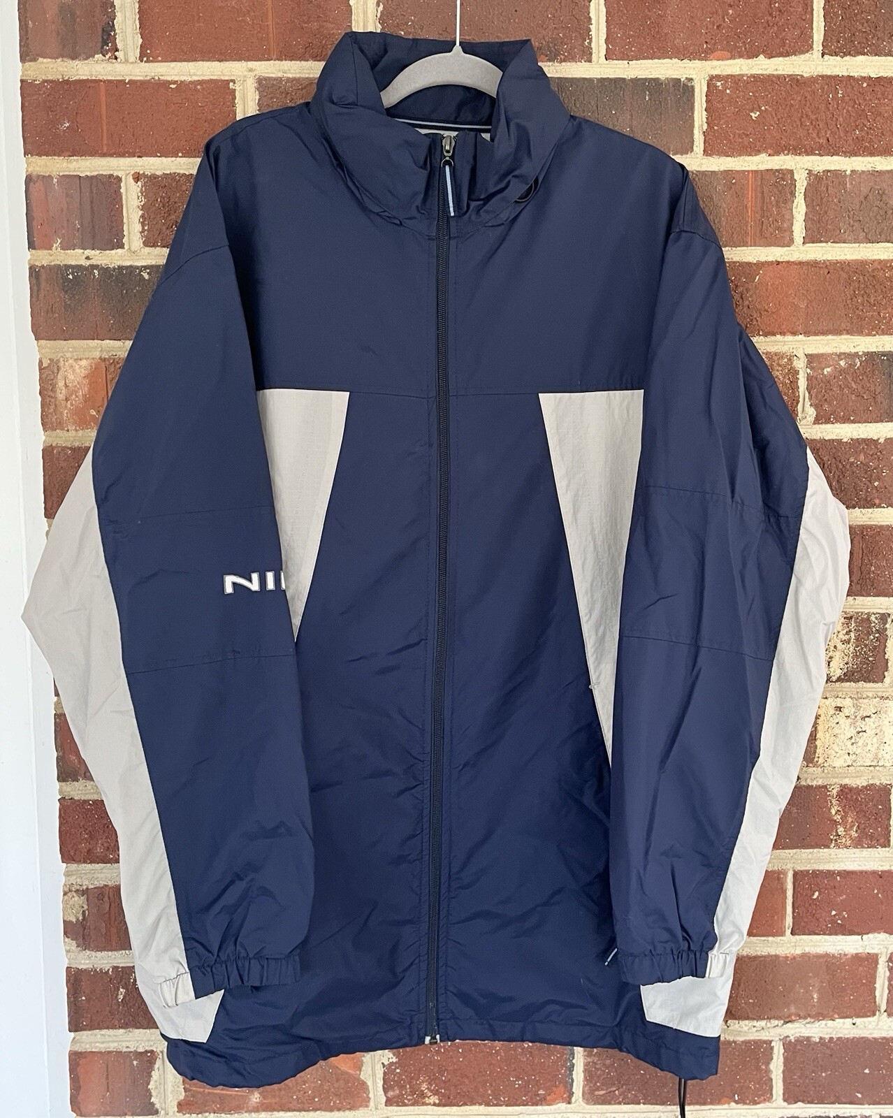Nike Mens 2XL Windbreaker Jacket Y2K Full Zip Grey Tag Running Hidden Hood Blue