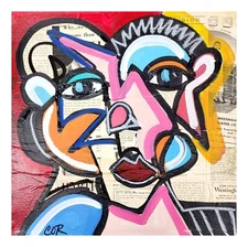 CORBELLIC EXPRESSIONISM 12X12 VINTAGE LADY HANDMADE SIGNED COLORFUL ART PAINTING