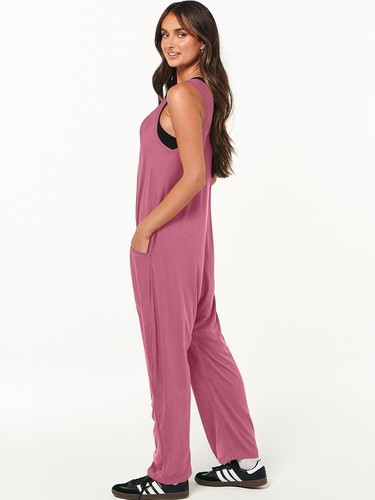 NWT Sleeveless V Neck Casual Loose Harem Leg Jumpsuit Pink Medium - Picture 3 of 15