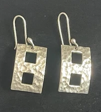 GorgeousVintage Signed  Sterling Silver Hammer Pattern Rectangle Dangle Earrings