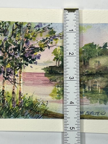 Sunset Over Water By Forest Watercolor Painting Jan Boelte 5x6” Fine Art Dusk 🌅 - 第 7/9 張圖片