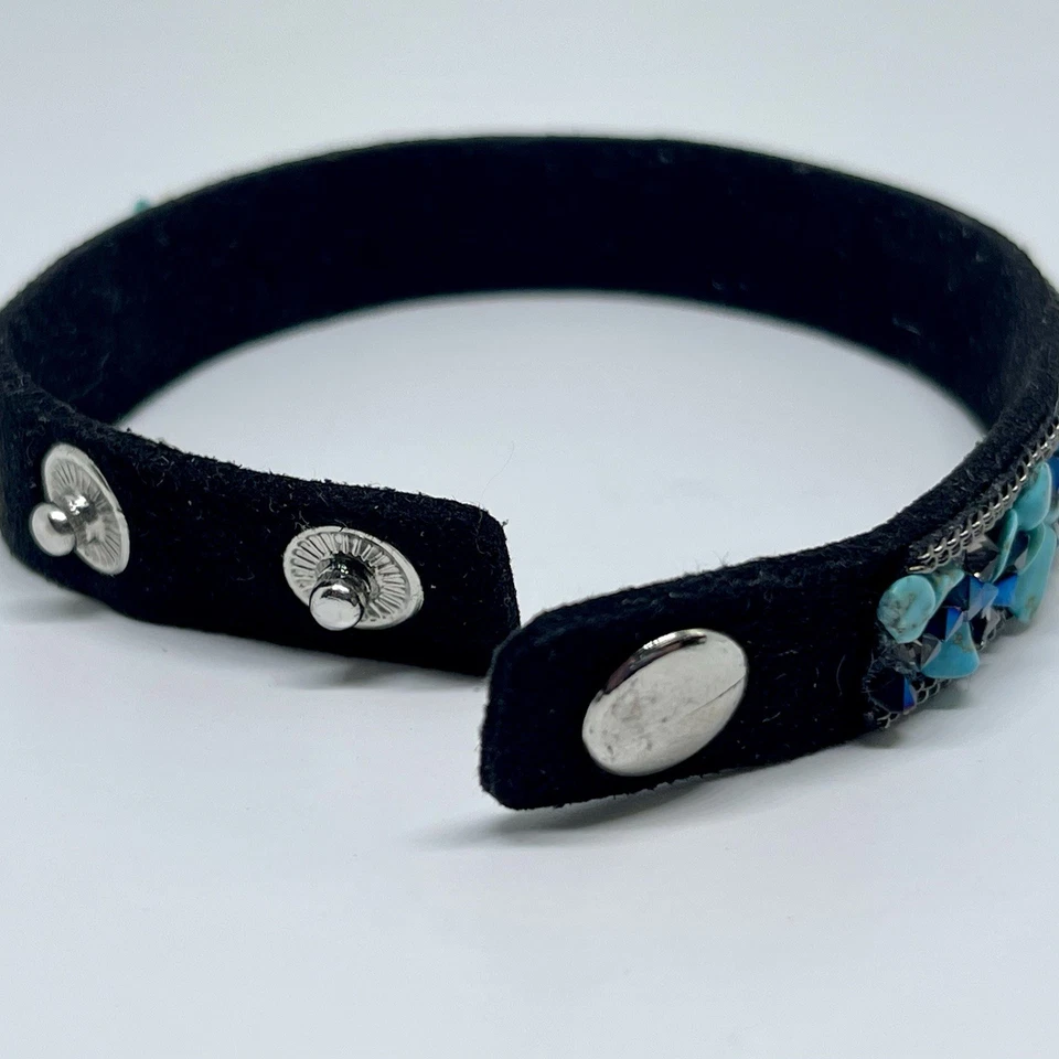 Turquoise Gemstone Silver Sparkly Black Suede Cuff Bracelet Artisan Snap Adjust - Image 2 of 4