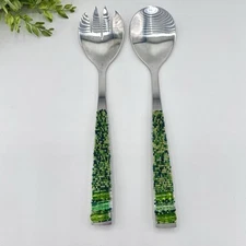 Silver Serving Utensil Set Green Hand Beaded Handles 10” Salad Buffet Dinner