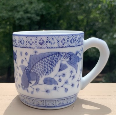 Vintage Pier One Koi Fish Blue and White Tea or Coffee Cup Mug 3.25  Tall