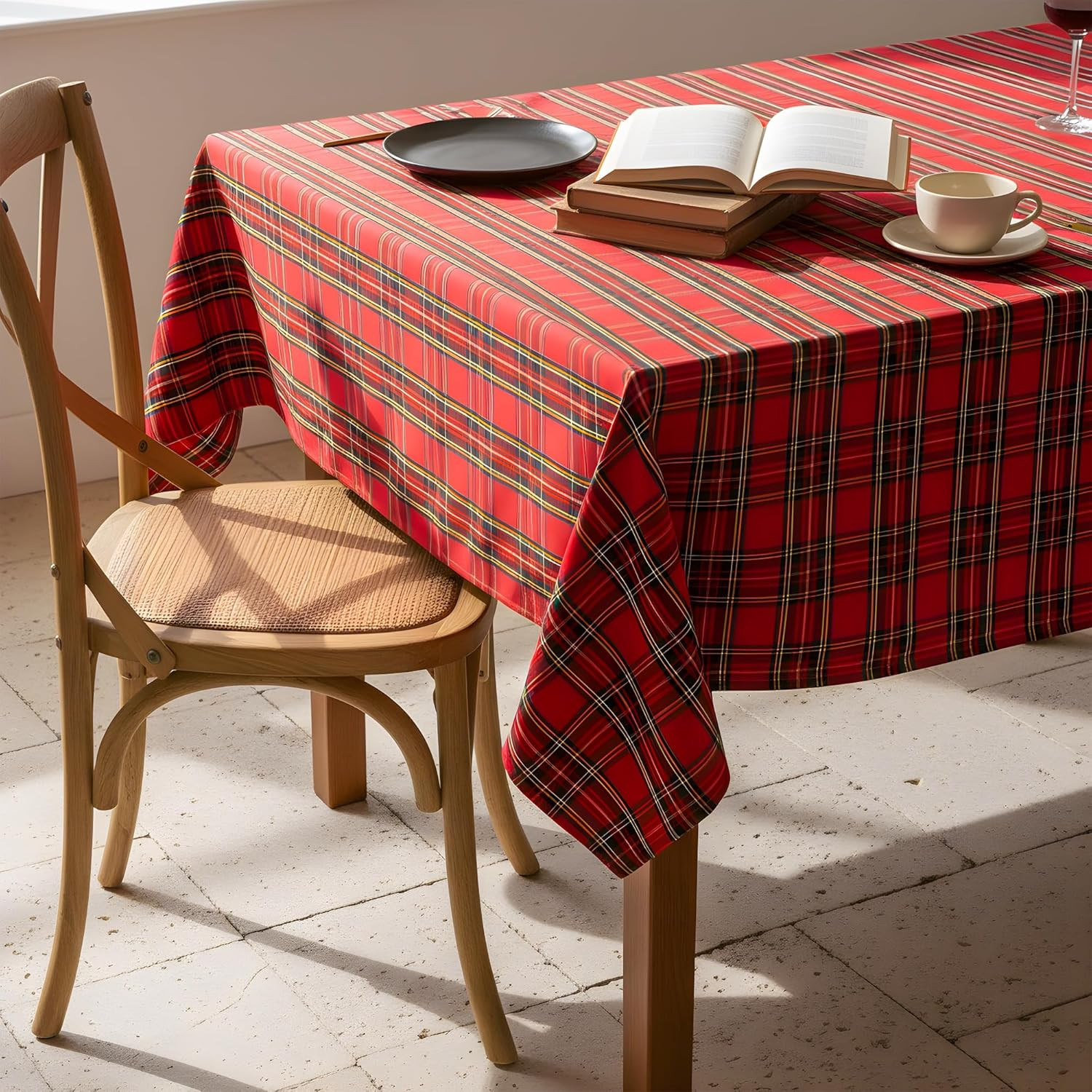 Christmas Red Plaid Waterproof Tablecloth, Classic Woven Check, W60 x L84 In
