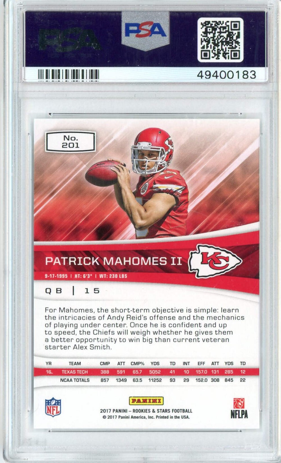 Graded 2017 Panini R&S Patrick Mahomes II #201 RC Card PSA 10 Gem Mint view 2