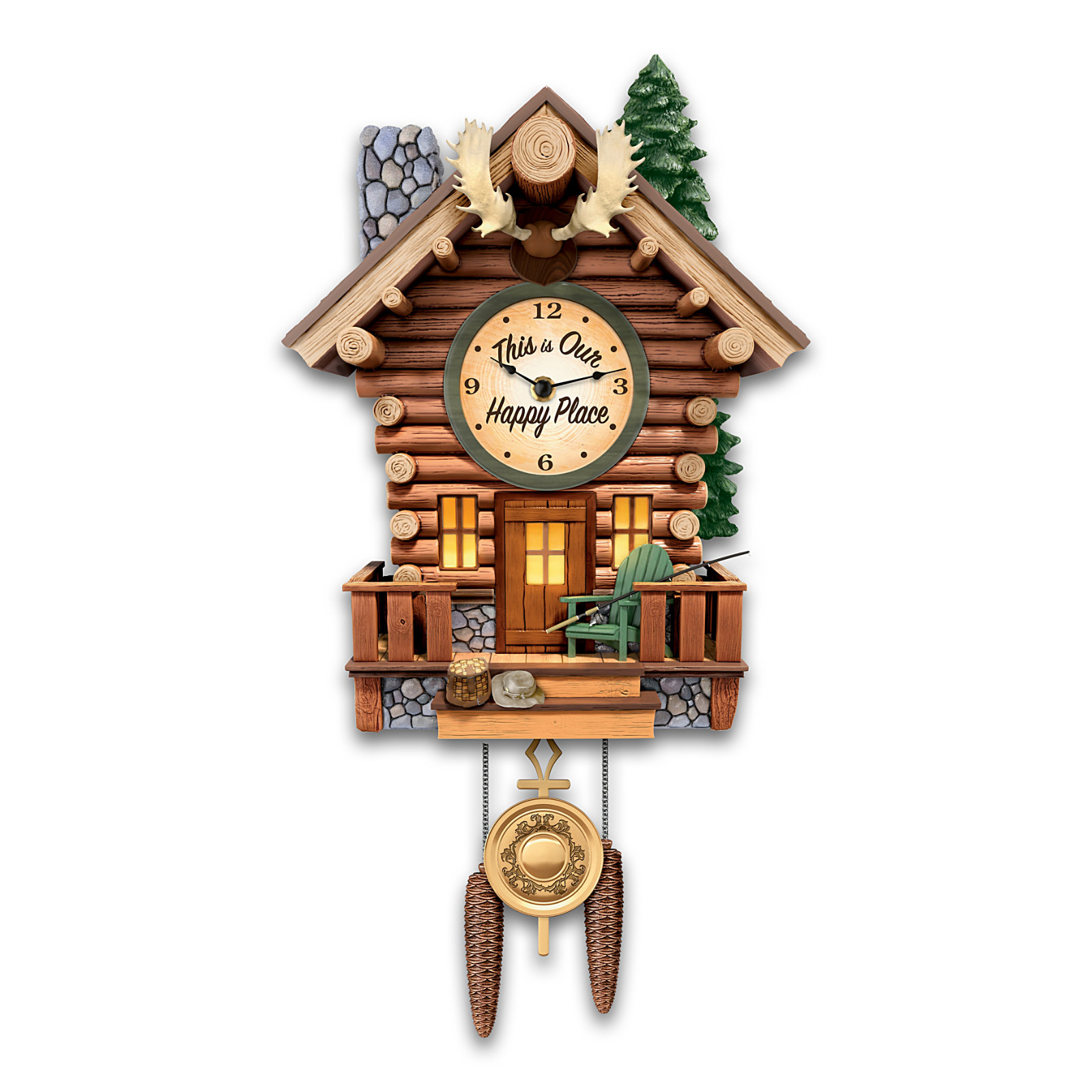 Bradford Exchange Log Cabin Illuminated Wilderness Sounds Wall Clock 17.5 inches