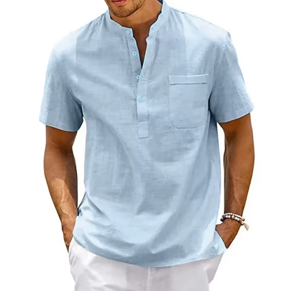 Men's Henley Neck Linen Shirt Summer Short Sleeve CASUAL Beach Tops S–3XL