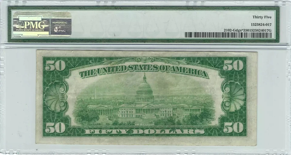 1934 $50 Small Size Federal Reserve Star note Chicago PMG 35 - Image 2 of 2