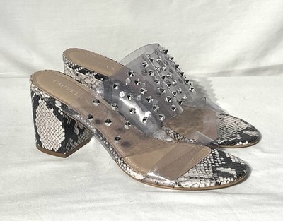 Carvela Sz 8.5 - 9 Studded Clear & Snake Print Block Heel Slip On Sandals NWOB
