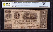 1840 $2 REPUBLIC OF TEXAS TREASURY NOTE CURRENCY CR-TX-A2 PCGS B CHOICE VF 35