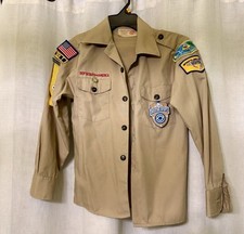 Boy Scouts of America Uniform Youth 10/12 Long Sleeve Tan Shirt SEWN on patches