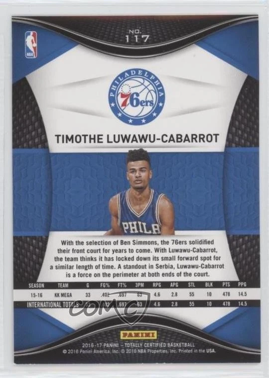 2016-17 Panini Totally Certified Rookies Timothe Luwawu-Cabarrot #117 Rookie RC - Image 2 of 2