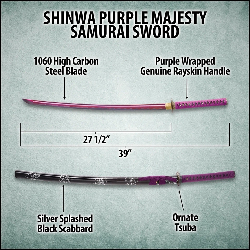 Espada Shinwa Purple Majesty Samurai 1060 alta AÇO CARBONO 27 1/2” lâmina 39” Tot - Imagem 3 de 4
