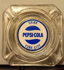 Vintage Blue&White Drink Pepsi-Cola Glass Ashtray, Yuba City, California