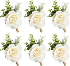 Ivory Rose Boutonniere for Men Wedding Set of 6 Groom Groomsmen Best Man